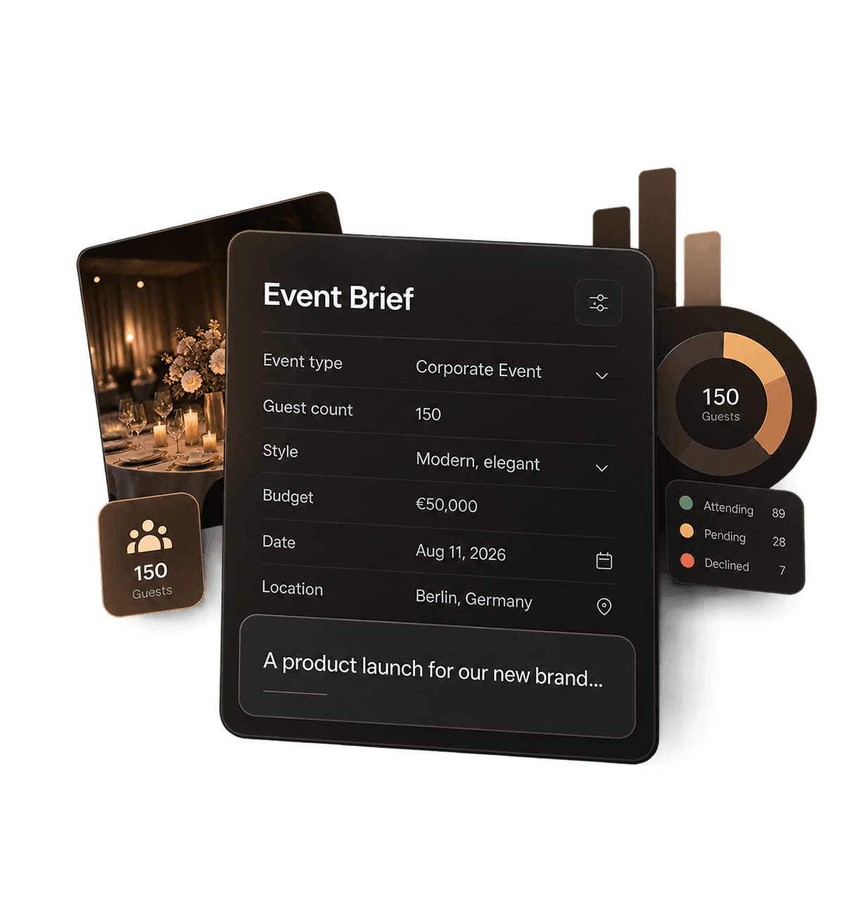 Brief — Tell us the event type, guest count, budget, and style. Two minutes, no blank page.